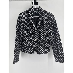 Zac & Rachel Womens Black White Geometric Diamond Print Single Button Blazer 10
